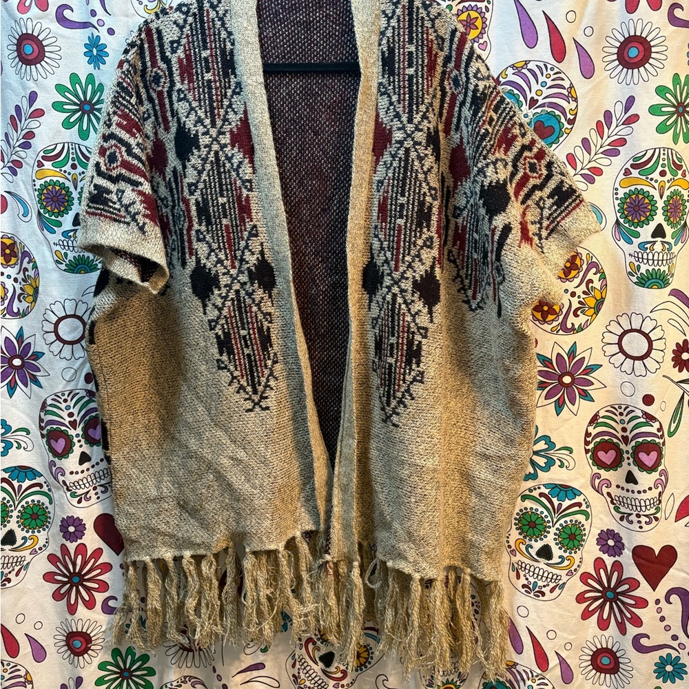 Bohemian Fringe Open-Front Sweater - Beige and Black